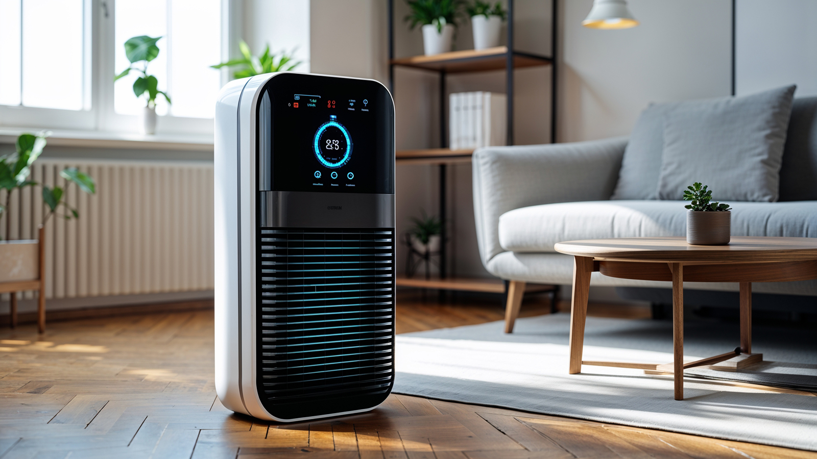 hepa air purifier in a cozy apartment living room