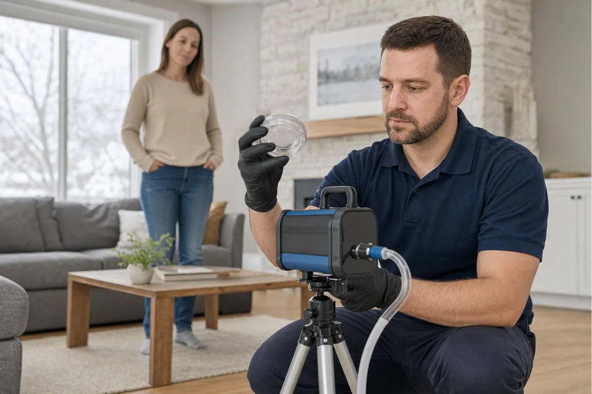 Inspector setting up a spore trap air sampling pump on a tripod in a living room